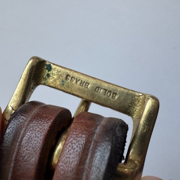 Vintage Genuine Leather Belt Solid Brass Buckle Brown Tooled 38”